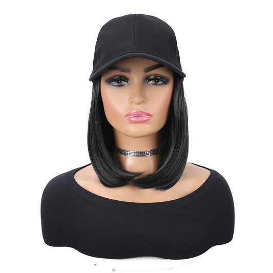 Baseball Cap with Synthetic Hair Extensions Straight Short Bob Hairstyle Adjustable Removable Wig Hat 10 inch for Woman Girl