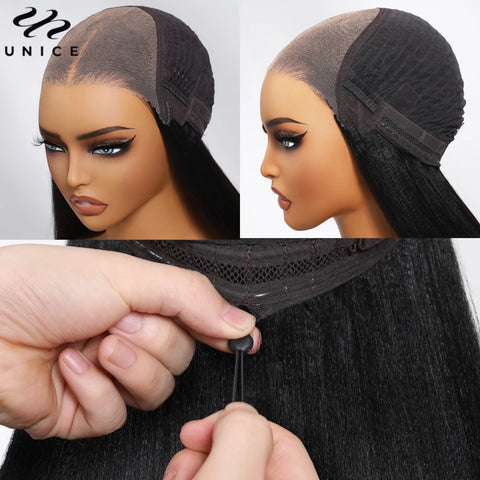 UNice Hair Drawstring Cap Yaki Straight 7x5 Lace Closure Wig Pre Cut Pre Bleached Glueless Wig Human Hair Ready To Wear Go
