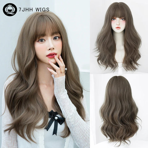 7JHH WIGS Honey Brown Wigs with Neat Bangs High Density Synthetic Loose Brown Hair Wig for Women Daily Use Beginner Friendly