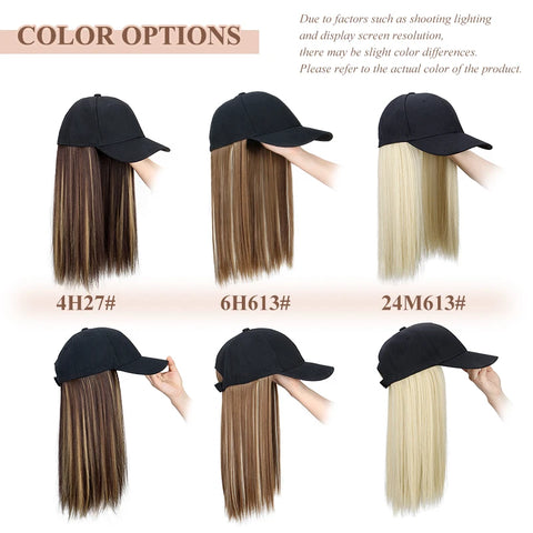 Synthetic Hat Wig with Long Straight Black Hair Baseball Cap Hair Extension Stylish & Convenient All-in-One Design for Women
