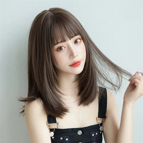 Korea Style Hair Extensions Synthetic Fashion Young Female Wigs Breathable Head Cover Medium Length Straight Wig Hat for Women