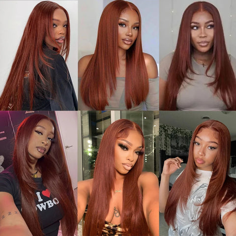 Reddish Brown Straight Layered Lace Front Wigs For Women Copper Red Pre Plucked Lace Frontal Wig Layers Glueless Synthetic Wig