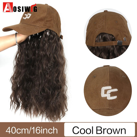 Long Wavy Synthetic Wig Baseball Rice White Cap With Hair Extensions Hat Wigs Natural Black Connect Wig Adjustable For Women
