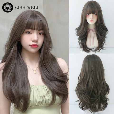 7JHH WIGS Honey Brown Wigs with Neat Bangs High Density Synthetic Loose Brown Hair Wig for Women Daily Use Beginner Friendly