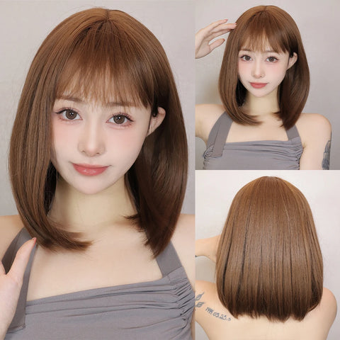 Light Brown Synthetic Wigs Straight Short Bob Cut with Bangs Wig for White Women Korean Daily Party Cosplay Heat Resistant Hair