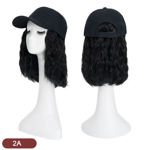 Benehair Hat Wig for Women 8 Inches Wave Baseball Cap Wig with Curly Hair Extensions Wig Synthetic Wave Wig Hat Adjustable Brown