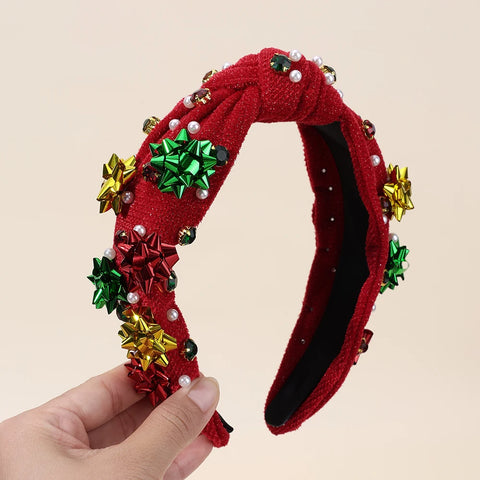 New Year Knot Wide Headband Christmas Snowflake Velvet Rhinestone Pearls Hair Hoop For Women Girls Xmas Headwear Accessories