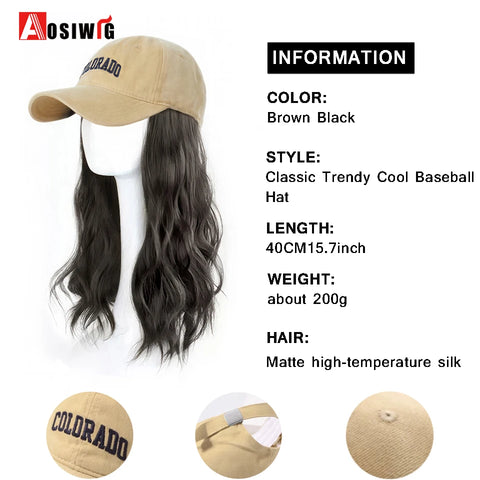 Long Wavy Synthetic Wig Baseball Rice White Cap With Hair Extensions Hat Wigs Natural Black Connect Wig Adjustable For Women