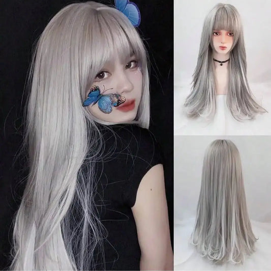 Women Long Synthetic Lolita Wig Gray Highlight Hanging Ear Dyeing Micro-Volume Wavy Cosplay Wigs