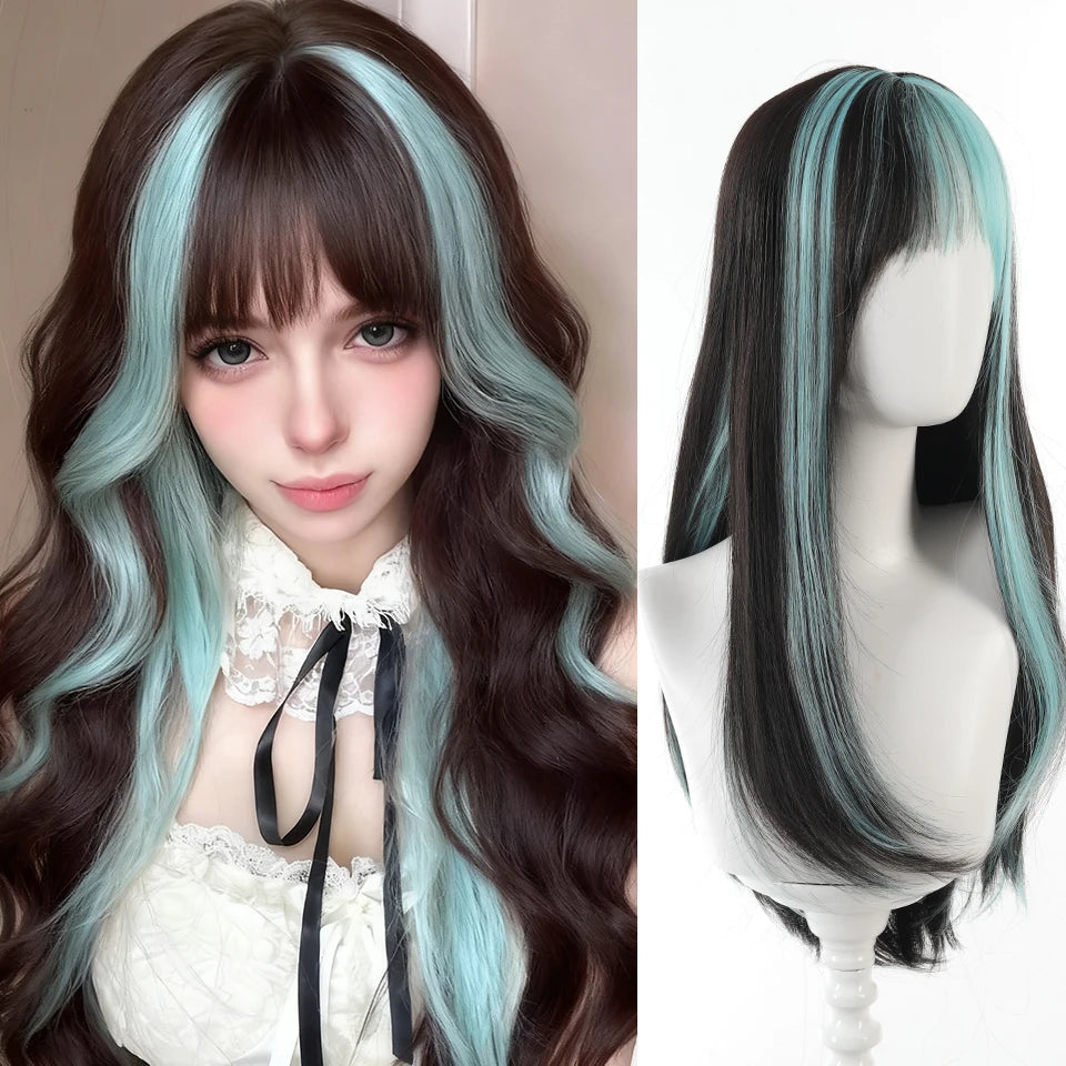 Synthetic 24 inch Loiita Black Pink Tousled Long Straight Wig Double Ponytail Hair Extensions cosplay wig Christmas