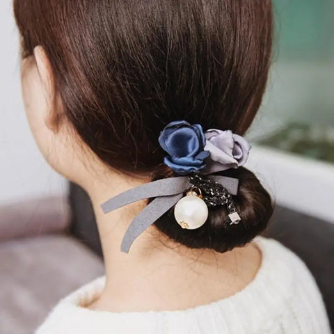 Women Elegant Flower Big Pearls Hair Curls Bun DIY Hair Style Donut Maker Ribbon Lady Fashion Hair Making Tool Accessories