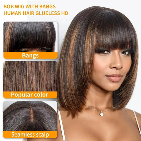 Put On and Go Realistic Yaki Straight Short Bob with Bangs Minimalist 3X1 Lace Wig 100% Human Hair Brown Highlight For Women
