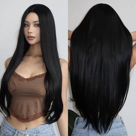 Long Straight Layered Synthetic Wig Ash Blond highlights with Bang for Women Christmas Party Daily Use Heat Resistant Fiber