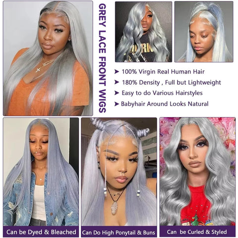 Silver Grey Vietnamese Human Hair Wig Body Wave 13x6 HD Transparent Lace Front Pre Plucked 180% Density 28 30 Inch Wig For Women