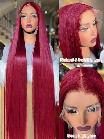 Burgundy Transparent Lace Frontal Human Hair Wig 7x5 Glueless Red 99J Straight Colored 13x4 Lace Front Human Hair Wigs For Women