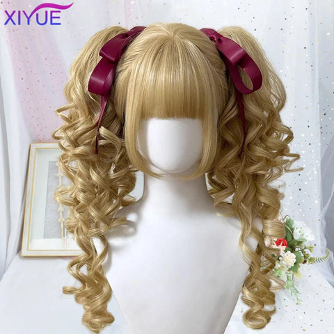Synthetic Princess Cut Double ponytail Lolita Wig with Bangs Girl Ombre Blonde brown White gray Cosplay Halloween Harajuku wig