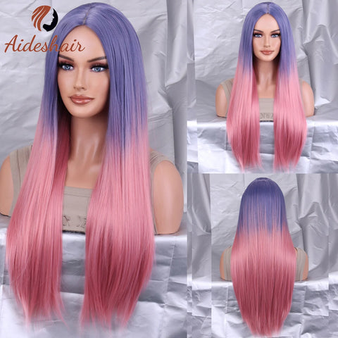Aideshair Cosplay Wig Christmas Purple Half Pink Synthetic hair Wigs with Bangs for Black White Woman Heat