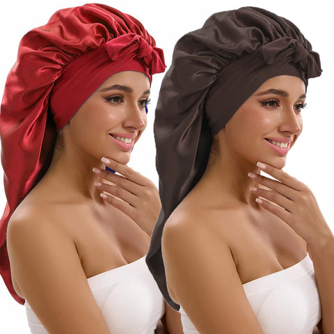1/2/3pcs Satin Sleep Caps with Ribbon Tie - Black & Pink, Polyester Night Hats for Long Hair, Casual and Stylish Design