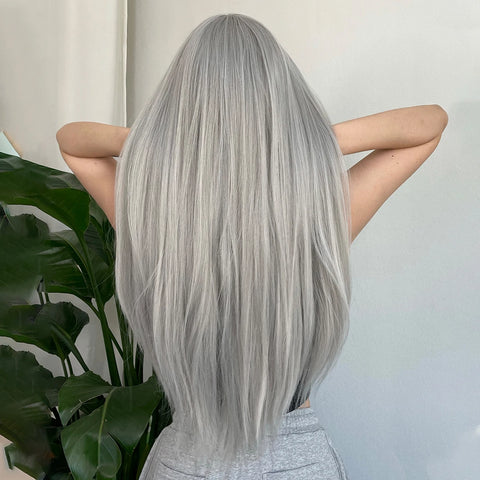 Long Straight Silver Ash Gray Synthetic Wigs Lolita Cosplay Natural Hair with Bangs for White Women Party Daily Heat Resistant