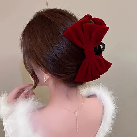 1pcs Elegant Velvet Bow Hair Clip, Large Solid Velvet Bow Hair Accessory, Autumn And Winter Shark Clip.