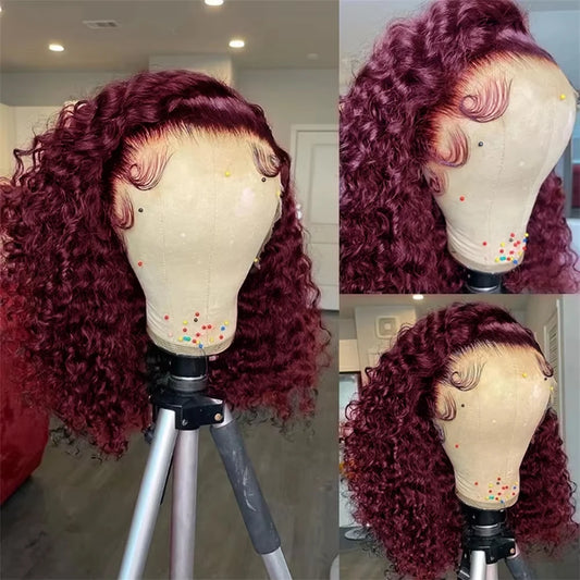 13x6 Glueless Bob Wig Burgundy 99J Deep Wave Brazilian Human Hair Short Bob With Curly HD Transparent Lace Front Wigs For Women