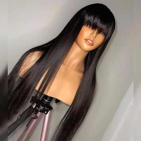 Brazilian Bone Straight Long 100% Human Hair Wigs With Bangs Natural Black Fringe Wig With Bangs For Women cheap wigs on Sale