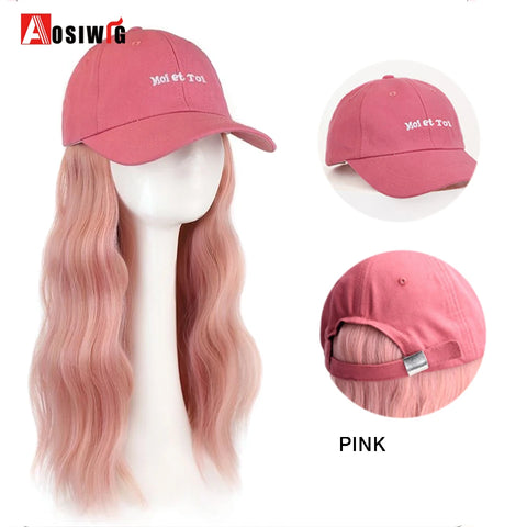 Long Wavy Synthetic Wig Baseball Rice White Cap With Hair Extensions Hat Wigs Natural Black Connect Wig Adjustable For Women