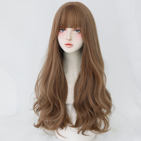 7JHH WIGS Honey Brown Wigs with Neat Bangs High Density Synthetic Loose Brown Hair Wig for Women Daily Use Beginner Friendly