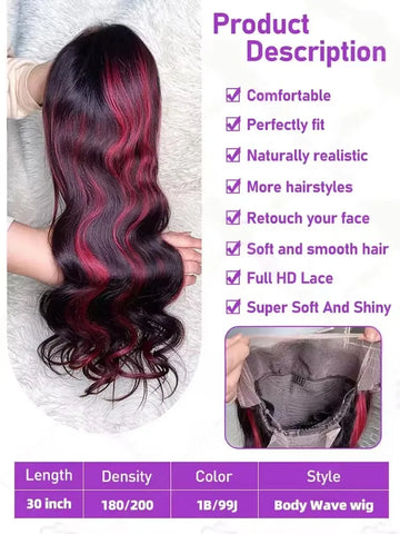 1B/99j Burgundy Highlight Lace Front Wig Brazilian Highlight Body Wave Human Hair Wigs Ombre Colored 13x6 Hd Lace Frontal Wig