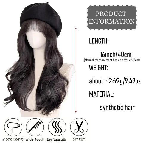 synthetic 16 inch black beret big wave long curly wig water wave baseball cap duck tongue hat fisherman hat Hat Wig Christmas