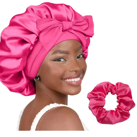 A Set/2Pcs Sleeping Women's Silk Hat Satin Hat Satin Border Curly Hair Hat Strap Elastic Headband