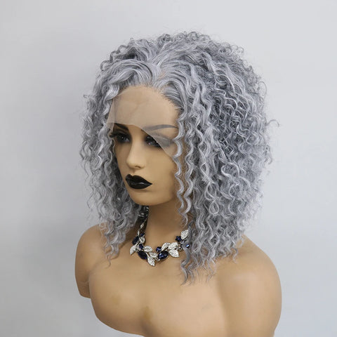 Salt and Pepper Grey Synthetic Lace Front Wig Heat Resistant  Drag Queen180Density Kinky Curly Short Bob  Wigs for Women Cosplay