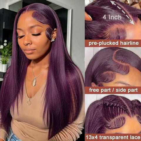 13X6 Dark Burgundy Straight Lace Front Wigs HD Layered Cut Lace Frontal Wig Synthetic Pre Plucked Glueless Lace Wigs For Women