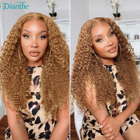 Brazilian Human Hair Wig 4x4 Transparent Lace Closure Honey Blonde Curly Pre Plucked Wigs for Women  Hair Extension 180% Density