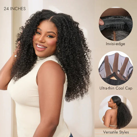 3 in 1 Half Wigs Human Hair Afro Kinky Curly Flip Over Wig Wear Go Glueless Wig With Drawstring Seamless Human Hair Pre Cut