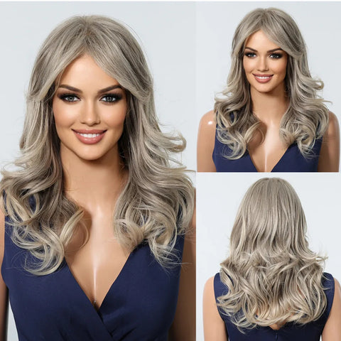 HENRY MARGU Grey Layered Synthetic Natural Wig Medium Length Straight Wig with Bangs for Women Daily Party Wigs Heat Resistant