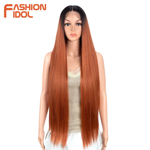 FASHION IDOL Lace Front Wig Synthetic 36 Inches Long Kinky Straight Wig Ombre Pink Cosplay Wigs For Women Party Daily Fake Hair