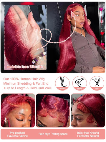Burgundy Transparent Lace Frontal Human Hair Wig 7x5 Glueless Red 99J Straight Colored 13x4 Lace Front Human Hair Wigs For Women