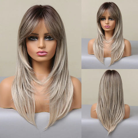 HENRY MARGU Grey Layered Synthetic Natural Wig Medium Length Straight Wig with Bangs for Women Daily Party Wigs Heat Resistant