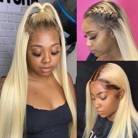 13x6 Lace Frontal Wig Brazilian Straight Human Hair Wig 2 Tone Dark Root 1B 613 Ombre Blonde Lace Front Wigs For Black Women 40"