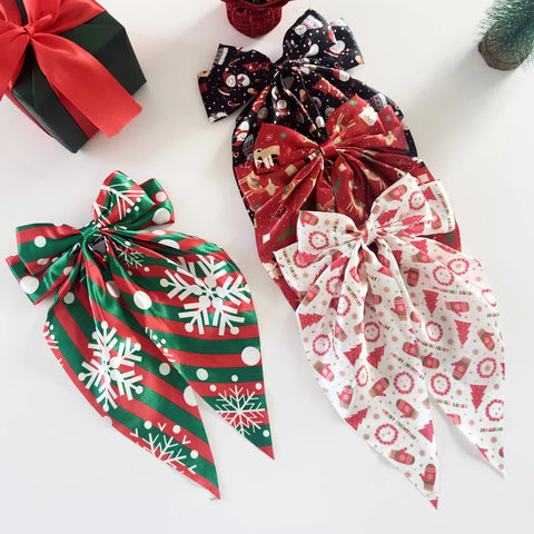 1PC Christmas Bow Hair Accessories Set, Festive Satin Snowflake/Santa Print Hair Bows,Red Green Holiday Hair Decor,Elegant Xmas