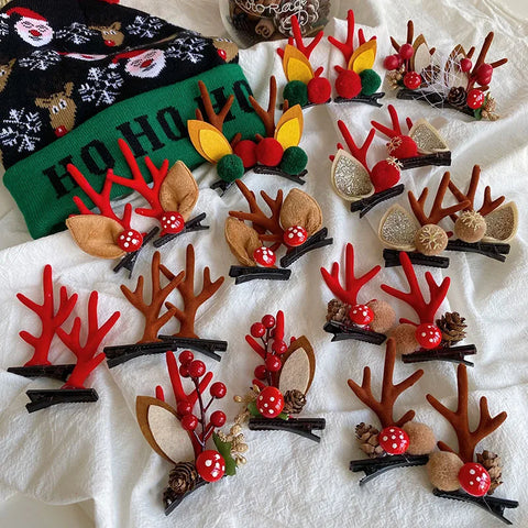New Christmas Antler Hair Clips Deer Ear Hairpins Christmas Party Headbands Festival Pine Cones Hair Ball Hair Accessories