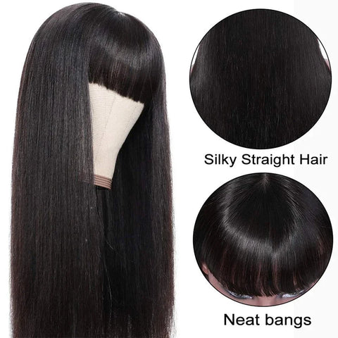 30 32 Human Hair Wig with Bangs Raw Indian Straight Human Hair Fringe Wigs 18-32Inch 180 Density Straight Human Wigs For Women