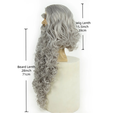 REEWES Grey Wig&Beard Set With moustache Christmas Santa Claus Costum Cosplay synthetic Wig For Halloween Costume XMAS Dress up
