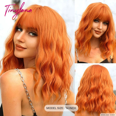 Light Pink Short Wavy Synthetic Hair Wigs with Bangs Cosplay Natural Shoulder Length Bob Wig For Women Afro Heat Resistant Fiber
