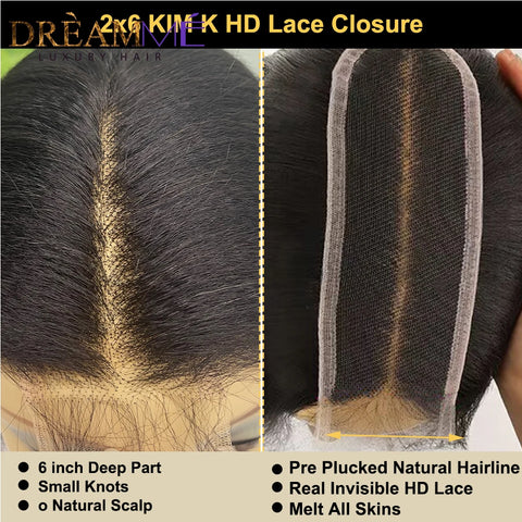 2x6 Kim K Kinky Straight Human Hair HD Lace Closure Only Melt Skins 2x6 Skinlike HD Lace Closure Brazilian Pre Plucked Hairline