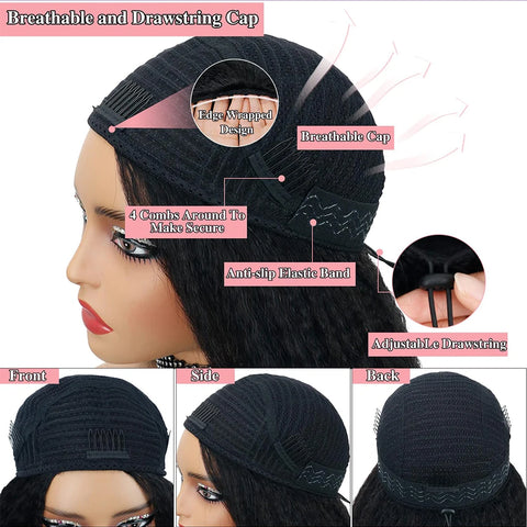 250 Density Kinky Straight Half Wigs Human Hair Wig Human Hair Ready to Wear 3 IN 1 Half Wig Drawstring Yaki Half Wig Human Hair