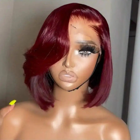 Burgundy 8-34 Inch 200% Straight Bob Wig 13x4 Transparent Lace Frontal Wig Human Hair 99J Red Colored Pre Plucked With Baby Hair