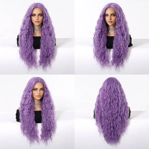 Long Curly Purple Wig Deep Wavy Purple Wig For Fashion Women T-part No Bangs Synthetic Wig Party Cosplay Christmas Use 26 Inch