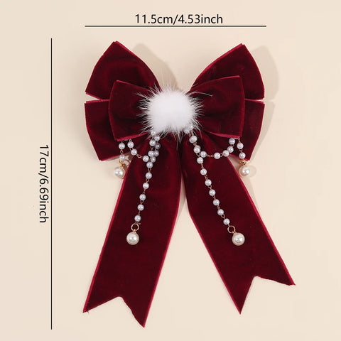 Elegant Red Bow Hair Accessories Sweet Faux Pearls Pendant Hair Clips Ponytail Barrette For Women Girls Fall＆Winter Hedwear